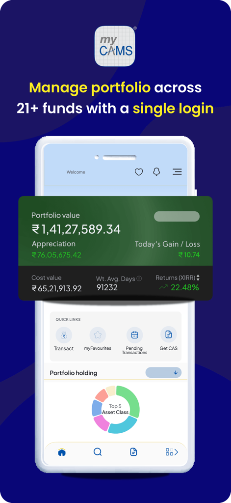 myCAMS Mutual Fund App - Dashboard der myCAMS Investmentfonds-App, das den Wert des Investmentfonds-Portfolios und ein Asset-Allocation-Diagramm anzeigt