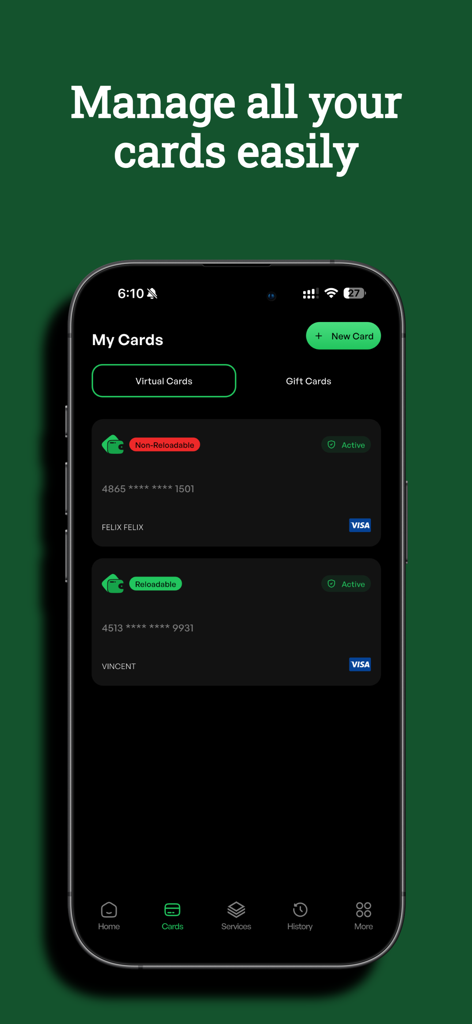 Digital Purse - Digital Purse app interface displaying a list of virtual Visa cards with reloadable and non-reloadable options