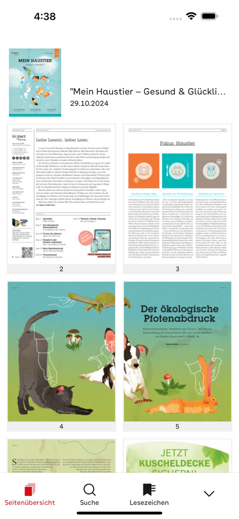 inpact media Verlag - Screenshot of the inpact media Verlag app showing a thumbnail page overview of a lifestyle magazine about pets