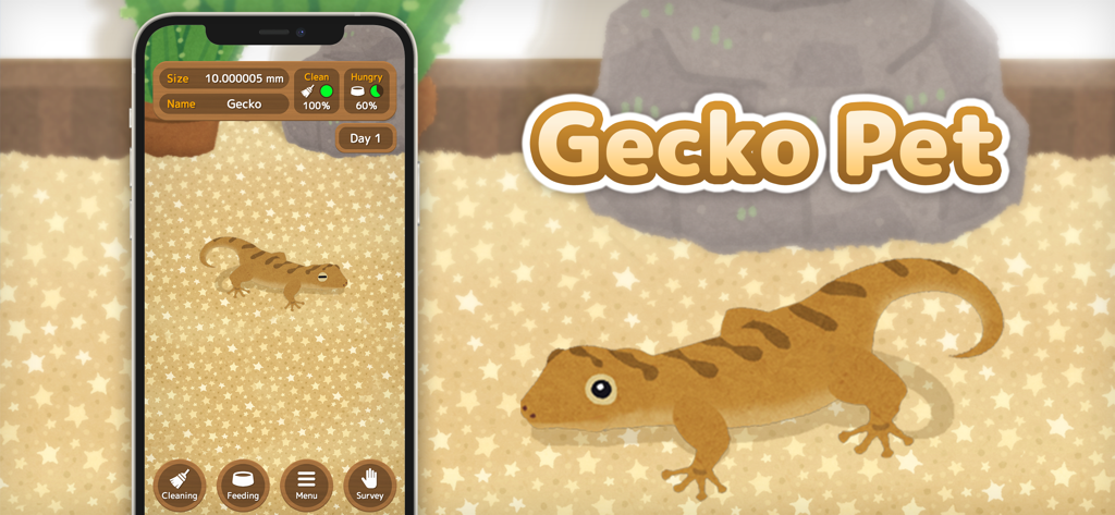 Gecko Pet - スマートフォンのGecko Petアプリのインターフェースが表示されており、星柄の囲いの中に茶色くてかわいいヤモリがゲームのロゴの隣にいます。