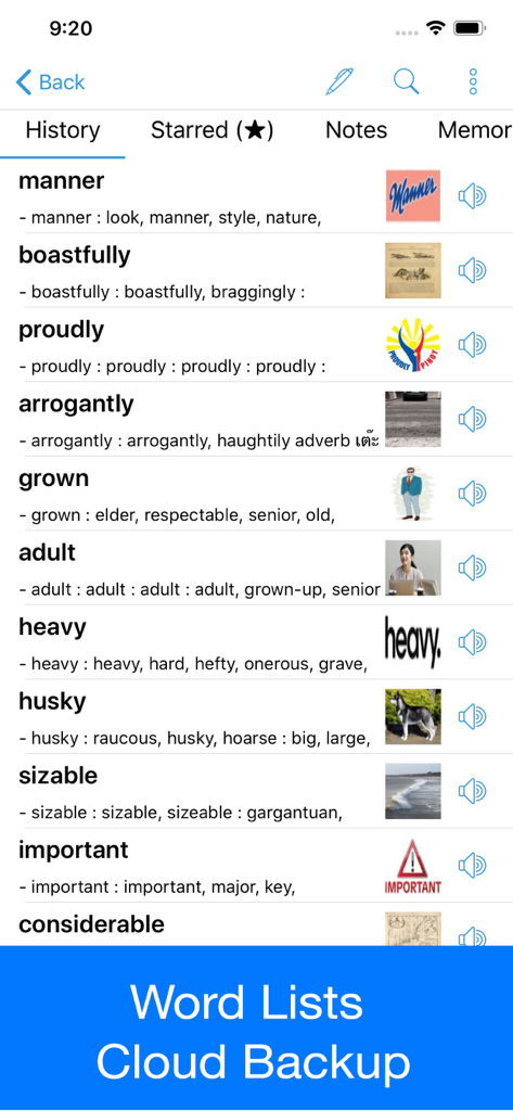 Thai Dictionary - Dict Box - Screenshot of the Thai Dictionary app showing a list of searched words in the history tab with synonyms and images.