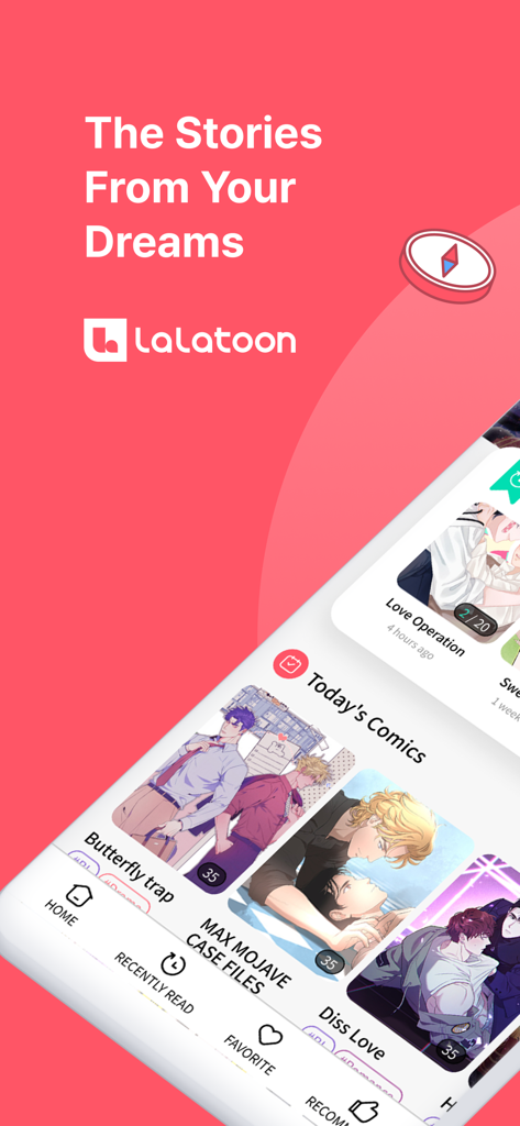 Lalatoon - Comics & Webtoon - Lalatoon app interface featuring the Today's Comics section with romance and BL webtoon covers under the slogan The Stories From Your Dreams.