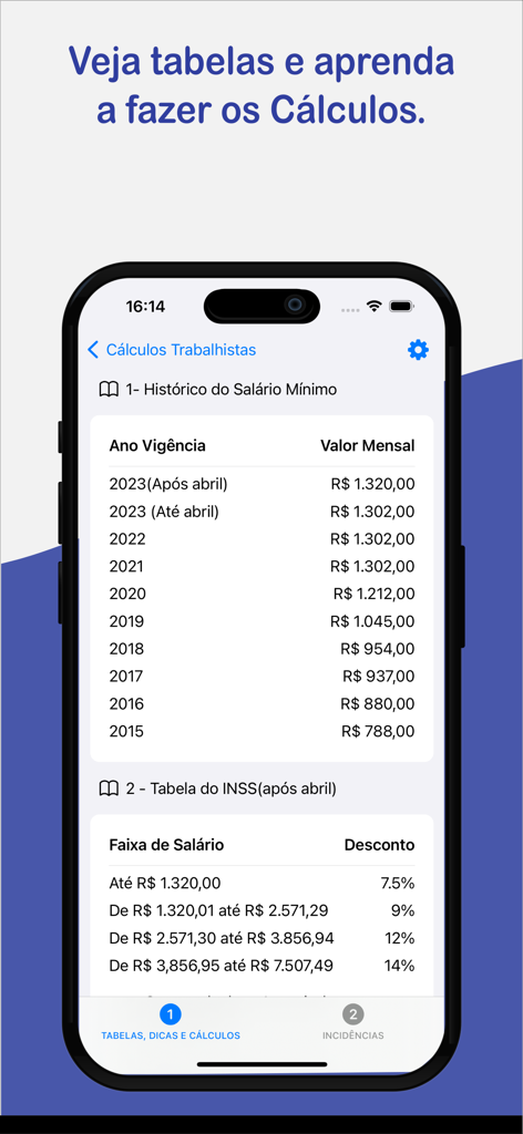 App interface showing Brazilian minimum wage history and INSS tax rate tables for labor calculations