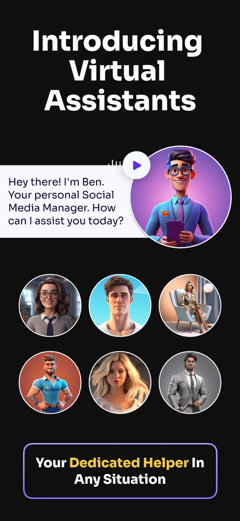 Eine Präsentation verschiedener virtueller KI-Assistenten-Avatare und Charaktere in der ChatAssist App