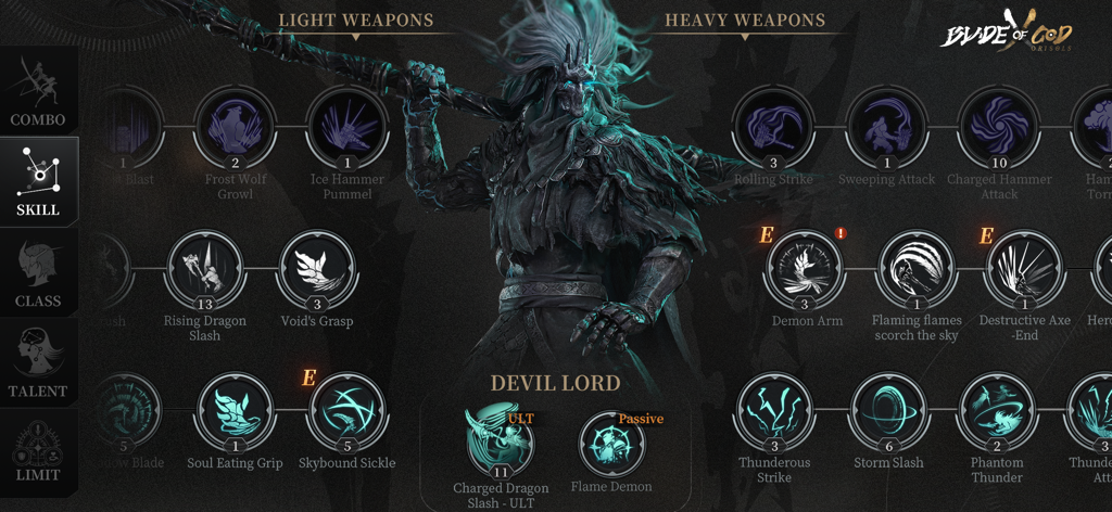 Blade of God X: Orisols - Skill tree interface for the Devil Lord class in Blade of God X showing light and heavy weapon abilities