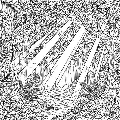 Discover the magic of a forest bathed in sunlight with this captivating coloring page, specially designed for teens. Delve into intricate details of leaves, trees, and glowing sunbeams awaiting your creative touch.