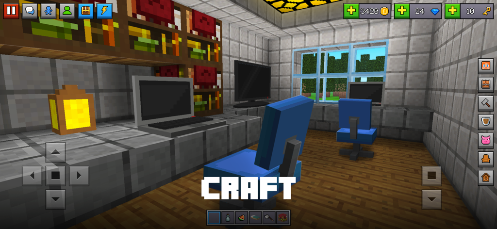 A block-built modern office interior featuring a computer desk and bookshelf in Block World 3D.
