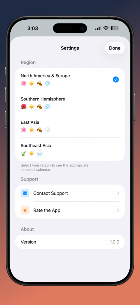 Tela de configurações do aplicativo SeasonLeft mostrando opções de seleção de estação regional, incluindo América do Norte, Europa e Hemisfério Sul