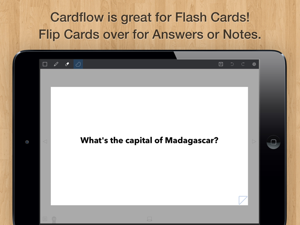 Cardflow: Index & Flash Cards - Digital flash card on an iPad screen showing a study question for exam preparation