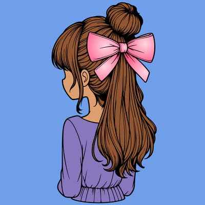 realistic girl  with hip length hair a bun and a big bow on the back of head
