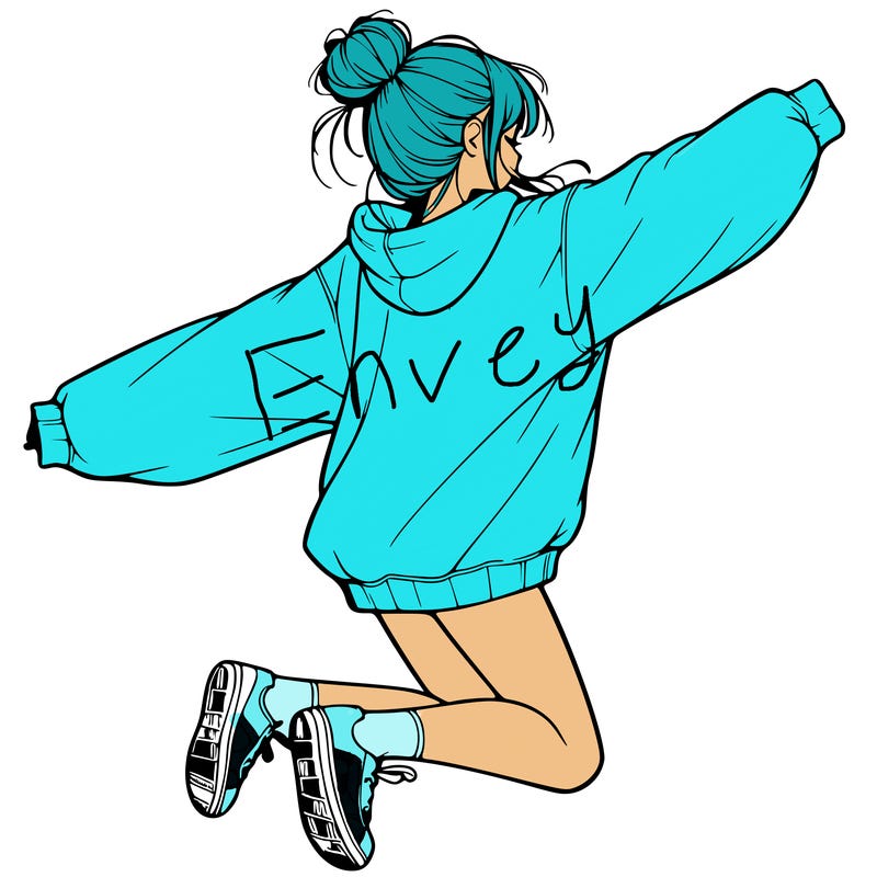 realistic girl jumping with a bun and oversized sweatshirt
