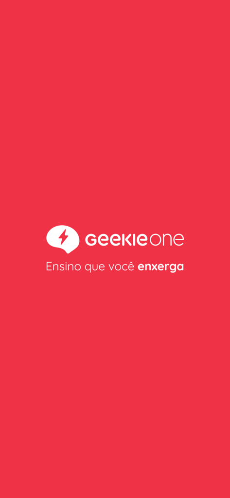 Tela de abertura do app de educação Geekie One com o logotipo da marca e o slogan sobre um fundo vermelho sólido.
