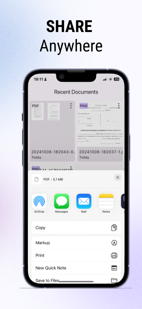 Convert Image to PDF: Scan2All - iPhone screen showing the Scan2All app's sharing sheet with options to send PDF files via AirDrop, Email, and Messages