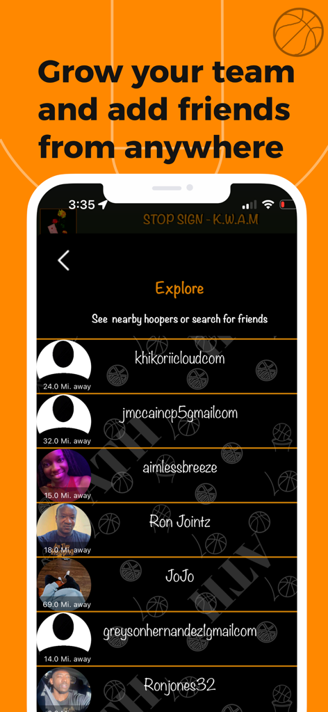 ATH - Pickup Basketball App - ATH app interface displaying a list of nearby basketball players to add as friends.