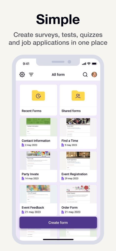 Forms for Google Fоrms - Dashboard of the Forms for Google Forms app on an iPhone showing various created forms and a create form button