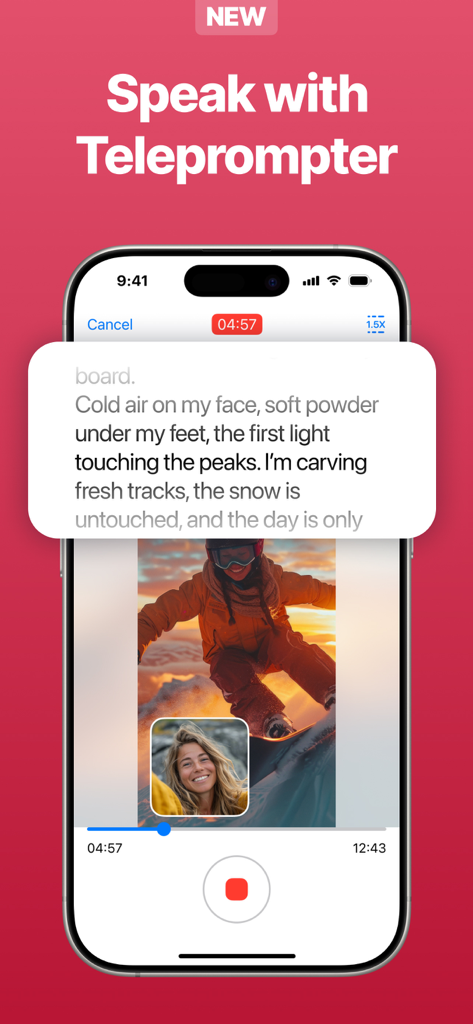 iPhone screen recording interface featuring a built-in teleprompter script and facecam reaction.