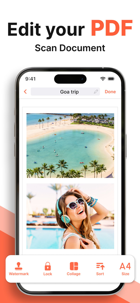 Image to PDF Converter + - Mobile app interface showing options to edit scan and password protect PDF documents