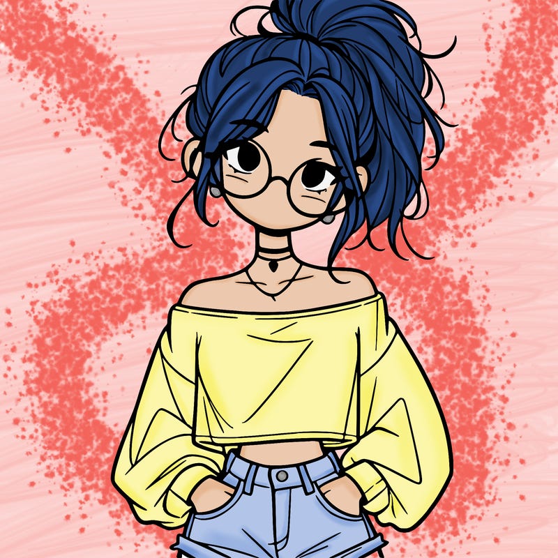 girl with a messy ponytail glasses a baggy crop top and jean shorts