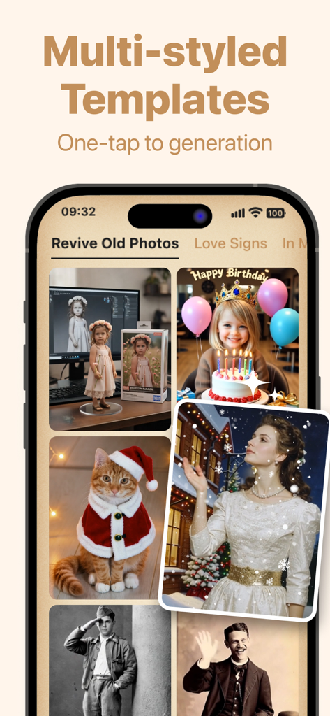 Photo Revive AI 앱의 다양한 AI 사진 복원 및 애니메이션 템플릿을 표시하는 스마트폰 화면