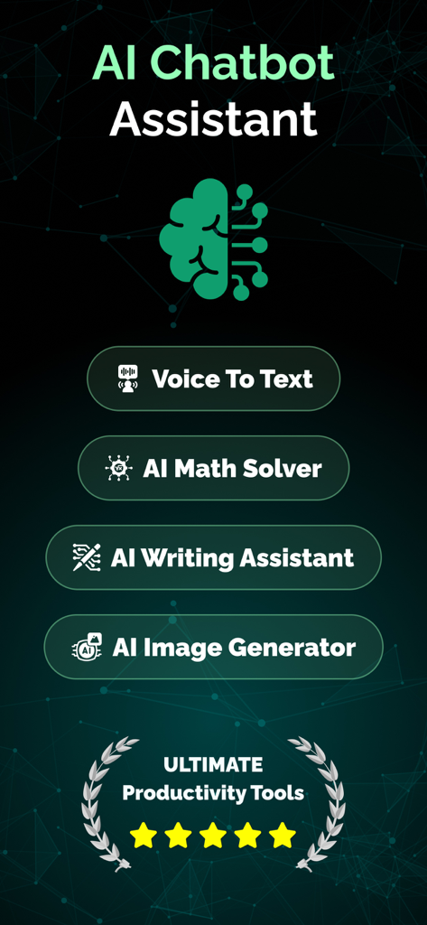 AI Chat: Smart AI Assistant - AI Chatbot Assistant interface highlighting voice to text, math solver, writing assistant, and image generator features