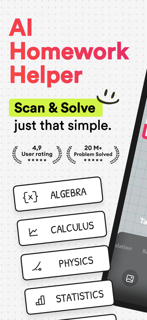 AI Homework Helper・Math Solver - AI Homework Helper app interface displaying scan and solve features for algebra calculus physics and statistics