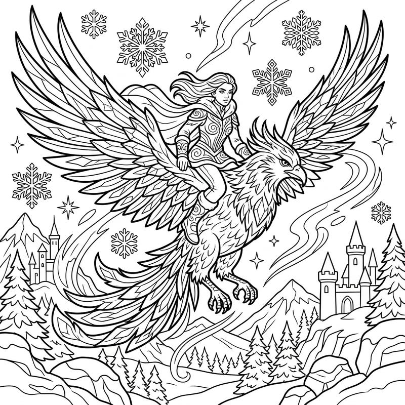 Embark on an epic fantasy journey with this stunning Phoenix Rider coloring page, set against a majestic winter wonderland. Unleash your artistic flair to bring to life the powerful duo, intricate snowflakes, and enchanting snowy landscapes.