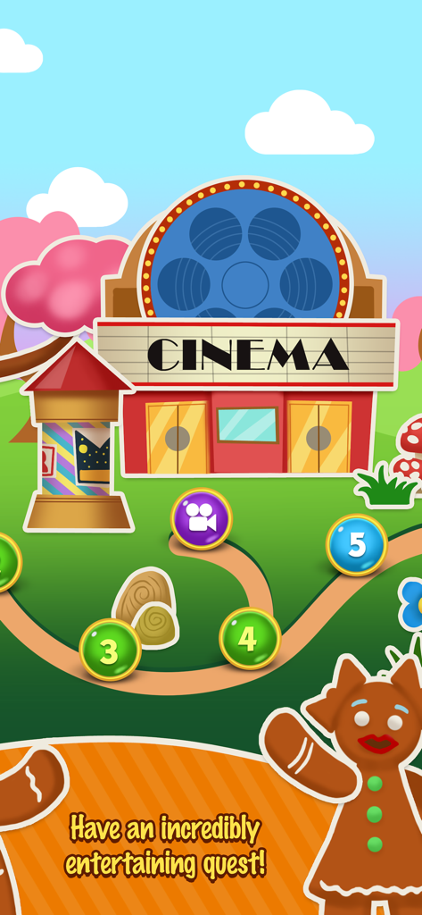 EmojiNation 2 - Un colorido mapa de niveles de juego en EmojiNation 2 que presenta un edificio de cine y un personaje de pan de jengibre.