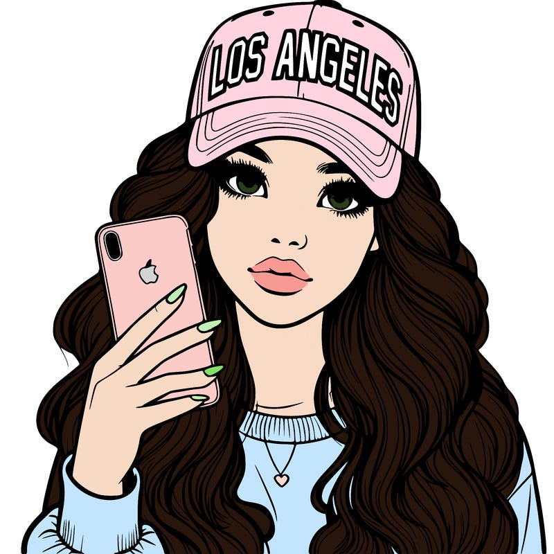 realistic beautiful girl wearing los ángeles cap holding an iphone