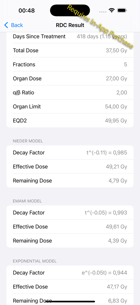 Radiation Decay Calculator results screen showing Nieder Emami and Exponential model calculations