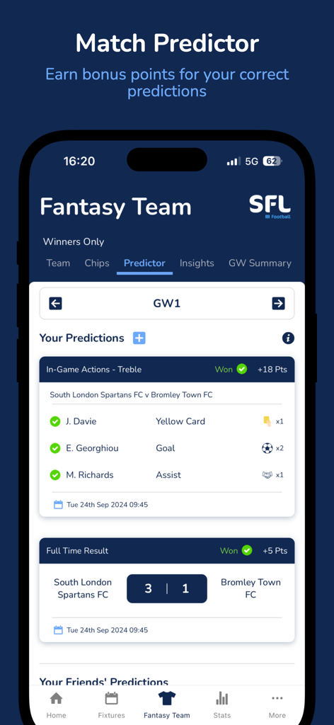 SFL Soccer - SFL Soccer App-Oberfläche, die den Spielvorhersager und Fantasy-Punkte für Amateurspiele anzeigt