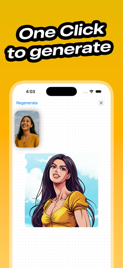 Cartoon Photo Editor ToonShot - A screenshot of the ToonShot app interface showing a real photo of a woman transformed into a stylized anime character using one-click AI technology.