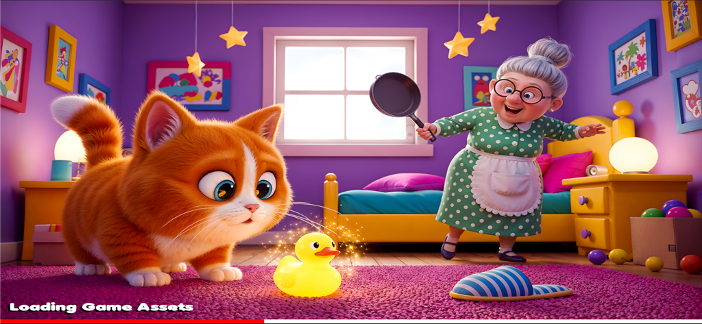 Granny With Cat - Granny and her mischievous ginger cat in a colorful cozy bedroom