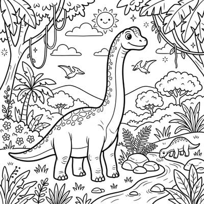 Journey back to the time of giants with this engaging Brachiosaurus habitat coloring page, designed especially for young dinosaur enthusiasts. Kids aged 4-8 will love bringing this lush prehistoric scene, complete with a friendly Brachiosaurus and other creatures, to life with their favorite colors.