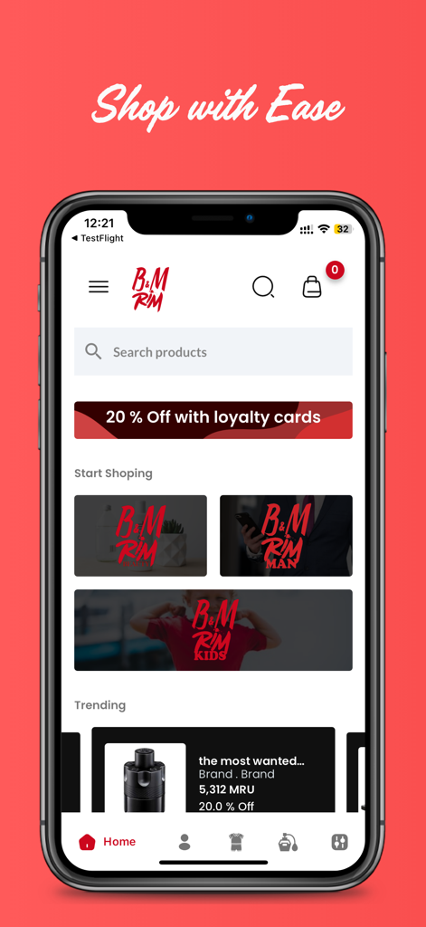 B&M Rim - La pantalla de inicio de la aplicación de compras B&M Rim en una pantalla de iPhone que muestra categorías de productos y ofertas.