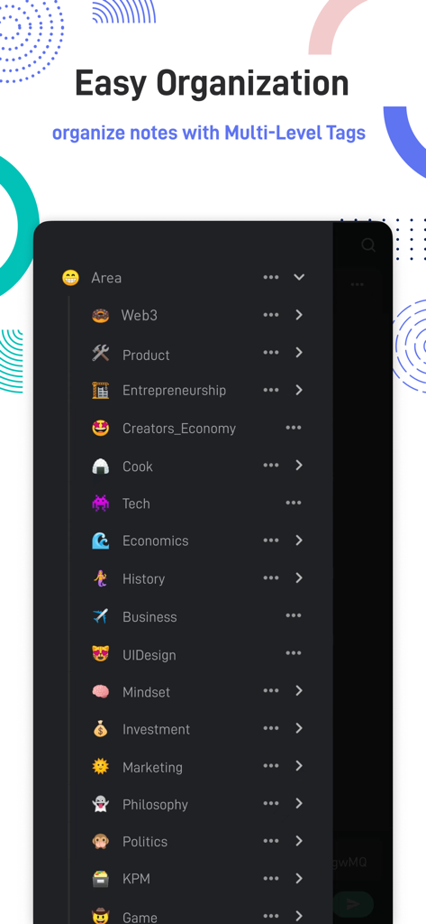 flomo浮墨-极简卡片笔记、轻便签与日记备忘 - A screenshot of the flomo app showing the easy organization feature with a list of multi-level tags and categories for note management.