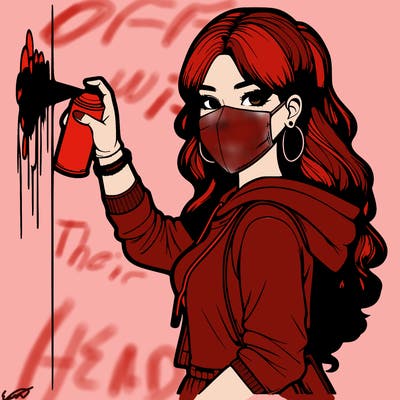 realistic girl with mask spray painting a wall