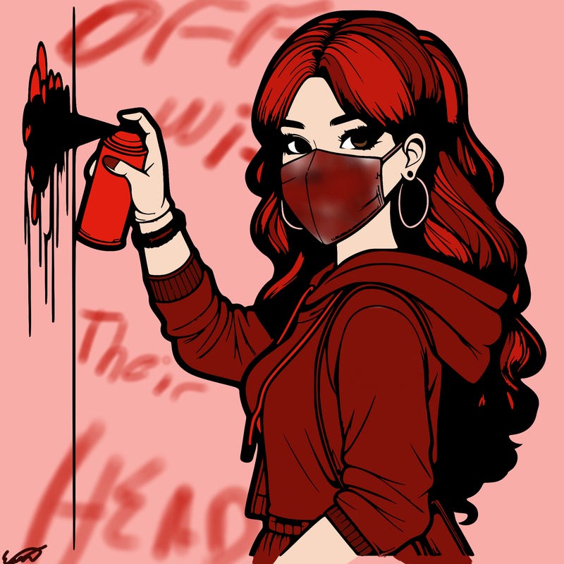 realistic girl with mask spray painting a wall