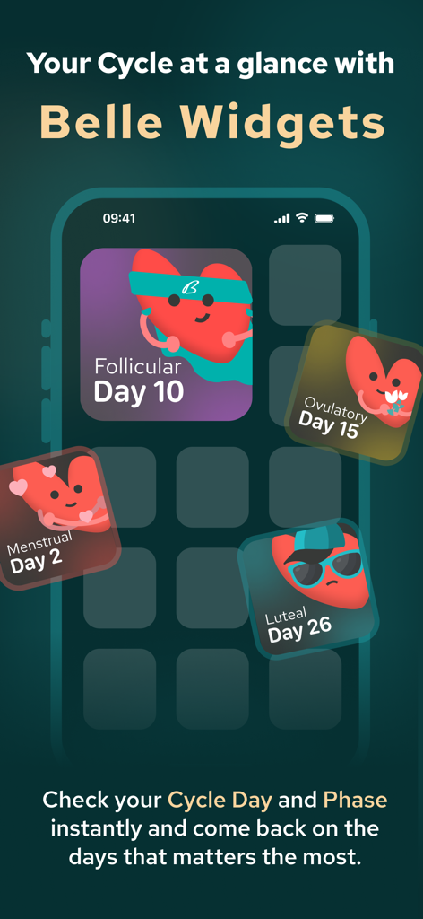 Belle : Period & PMDD Tracker - A display of Belle app widgets on a smartphone showing various cycle phases like follicular and ovulatory.