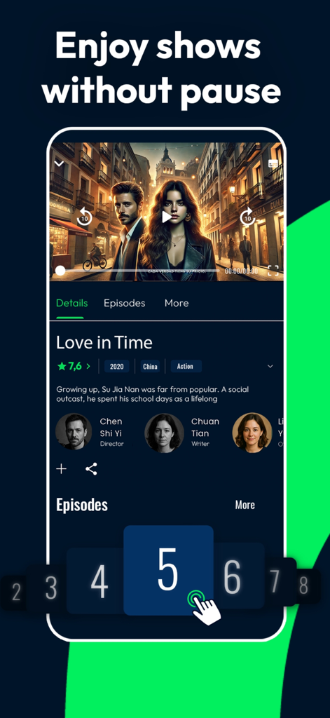 clickia - Clickia app screen showing a video player and episode selection for the show Love in Time