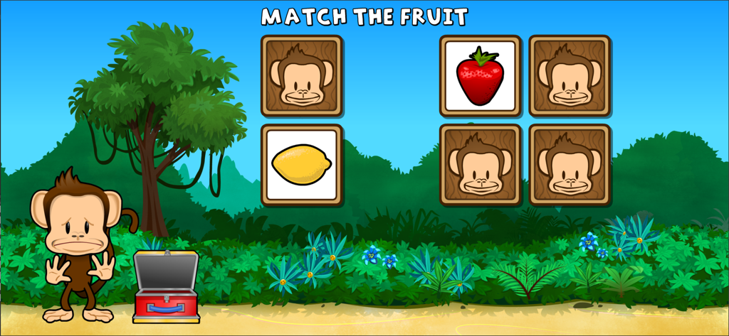 Fruit matching game screen with a monkey and jungle background