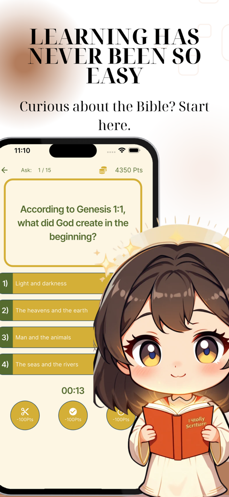 Bible Quest: Christian Trivia - Bible Quest app interface showing a trivia question about Genesis and a character holding scriptures.