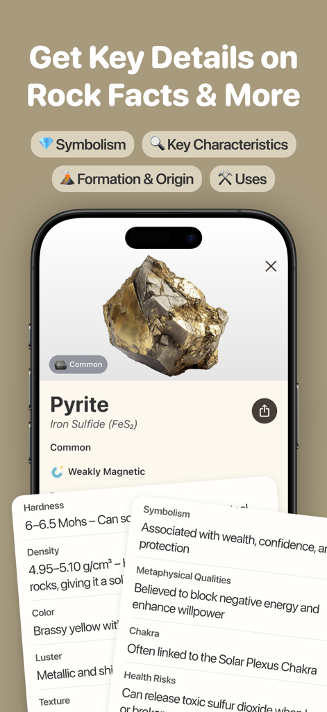Stone Identifier by RockPic - Detalles y características de la roca Pirita en la aplicación Identificador de Piedras.