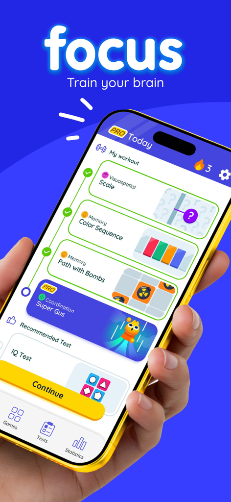 Tägliches kognitives Workout-Dashboard für die Focus-Gehirntrainings-App, angezeigt auf einem Smartphone-Bildschirm.