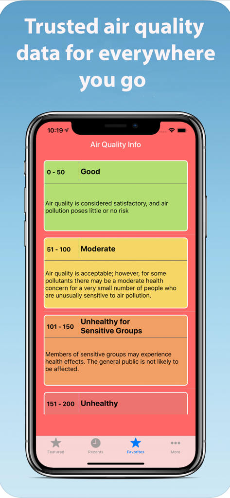 색상 코드 범주 및 건강 설명이 포함된 대기질 지수 척도를 표시하는 모바일 앱 화면.