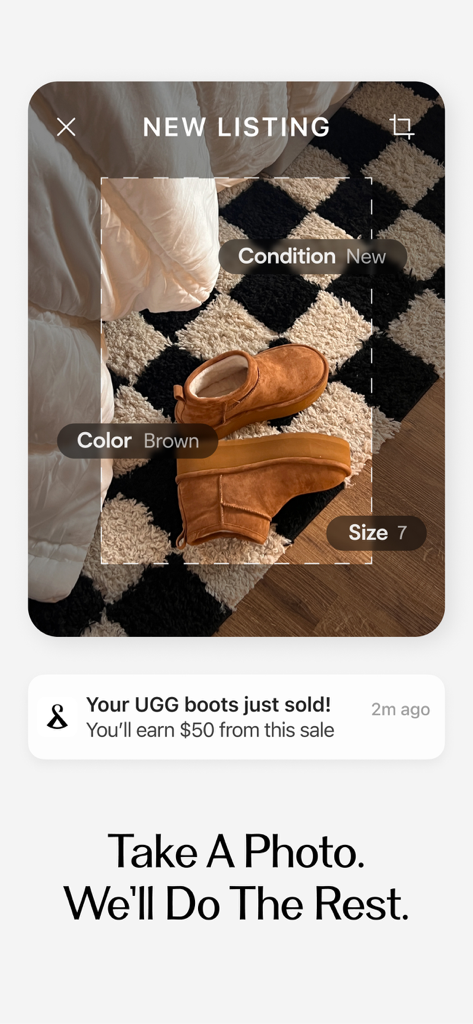 Curtsy: Shop & Sell Top Trends - Curtsyアプリのインターフェース。茶色のUGGブーツの新しい出品と、完了した販売の通知が表示されています。
