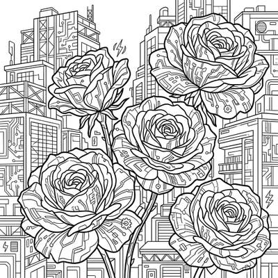 Step into a neo-futuristic garden with this captivating coloring page featuring Damask roses reimagined in a striking cyberpunk style. Intricate circuit board designs adorn each petal, blooming amidst a detailed dystopian cityscape, ready for your creative touch.