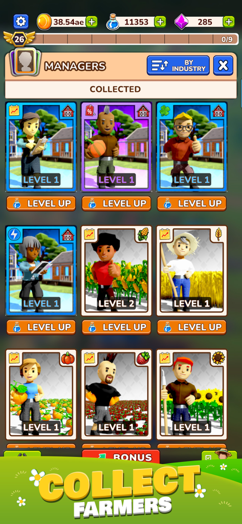 In-game menu showing a collection of farm managers and level up options in Idle Farm