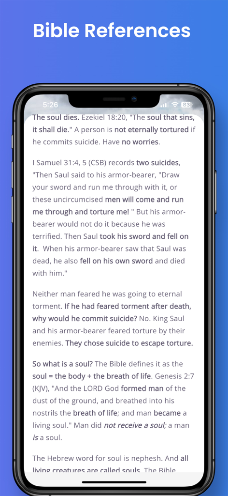 Ein Screenshot der mobilen App Bibel-Antworten nach Themen, der Schriftstellen und theologische Erklärungen anzeigt