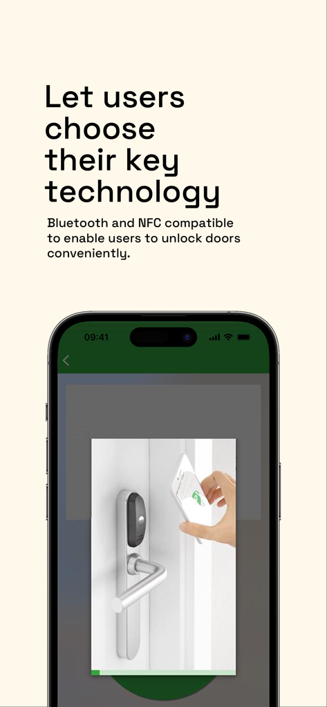 A smartphone being used to unlock an electronic door handle using NFC and Bluetooth technology.