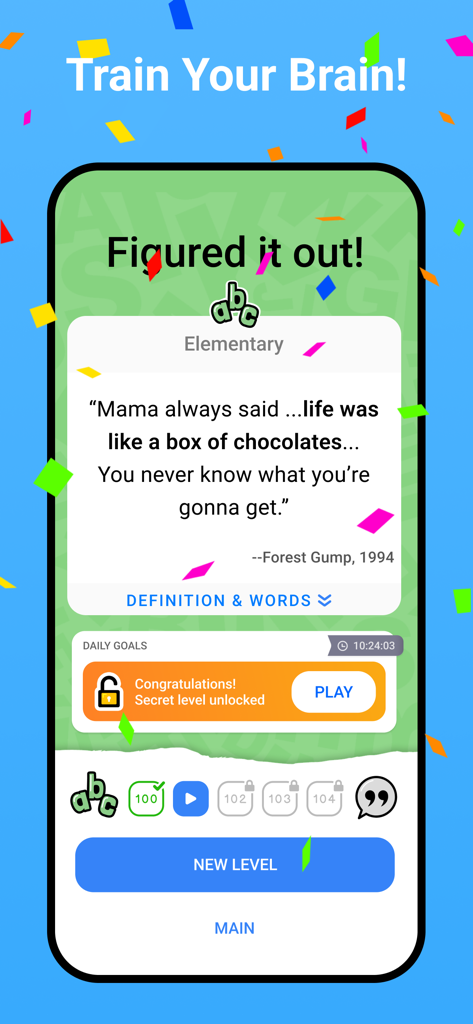 Figgerits - Word Puzzle Games - Um nível completo no jogo de quebra-cabeça de palavras do Figgerits exibindo uma famosa citação de filme